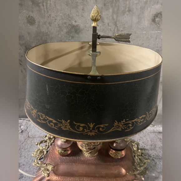 Hammered Copper French Bouillotte Lamp Handpainted Shade W/ Built In Inkwell WOW - Picture 8 of 12